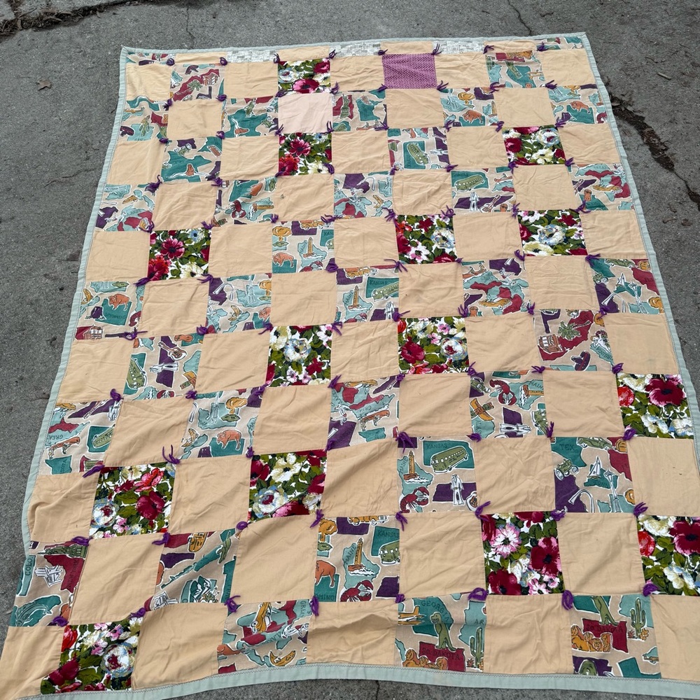 Vintage Patchwork Quilt with States on Fabric